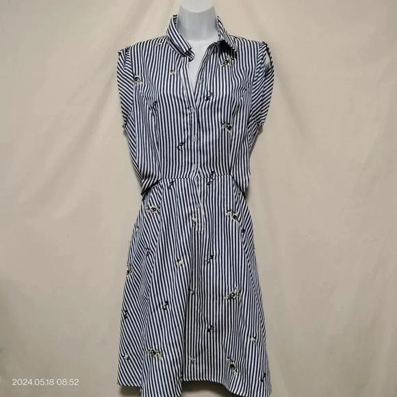 Lucy Paris size Large Blue White Striped Embroidered Shift Button Up Dress - Picture 1 of 11